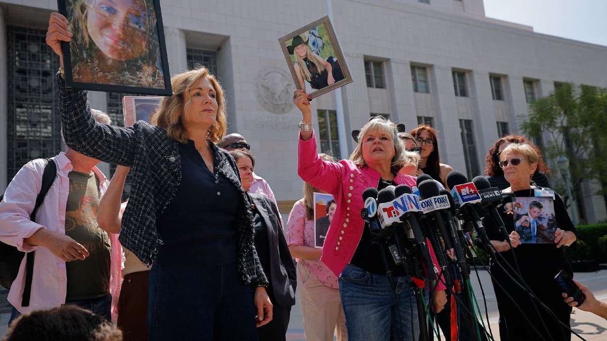 Lori Schott and Julianna Arnold, who blame social media for the deaths of their teen daughters, speak outside Los Angeles Superior Court after a jury found Meta and YouTube liable for addicting and harming a young woman, on March 25.
