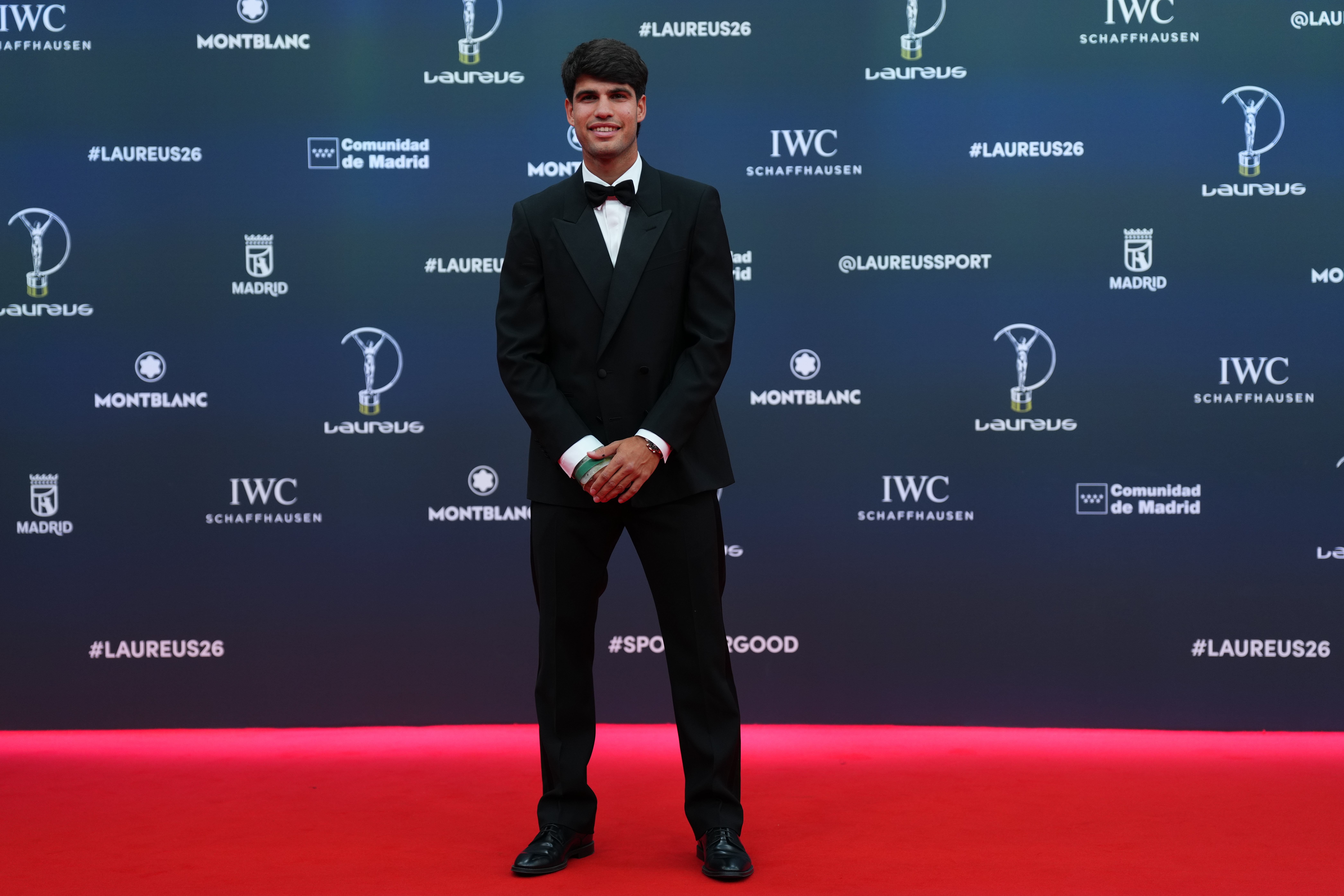 Tennis player Carlos Alcaraz poses as he arrives for the 2026 Laureus World Sports Awards ceremony in Madrid, Spain, Monday, April 20, 2026. 