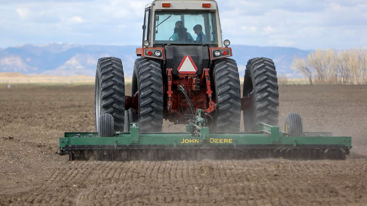 Jacie Fasselin and her son, Jaxten Pressett, till soil on their farm near Elmo in Emery County on April 28, 2024.