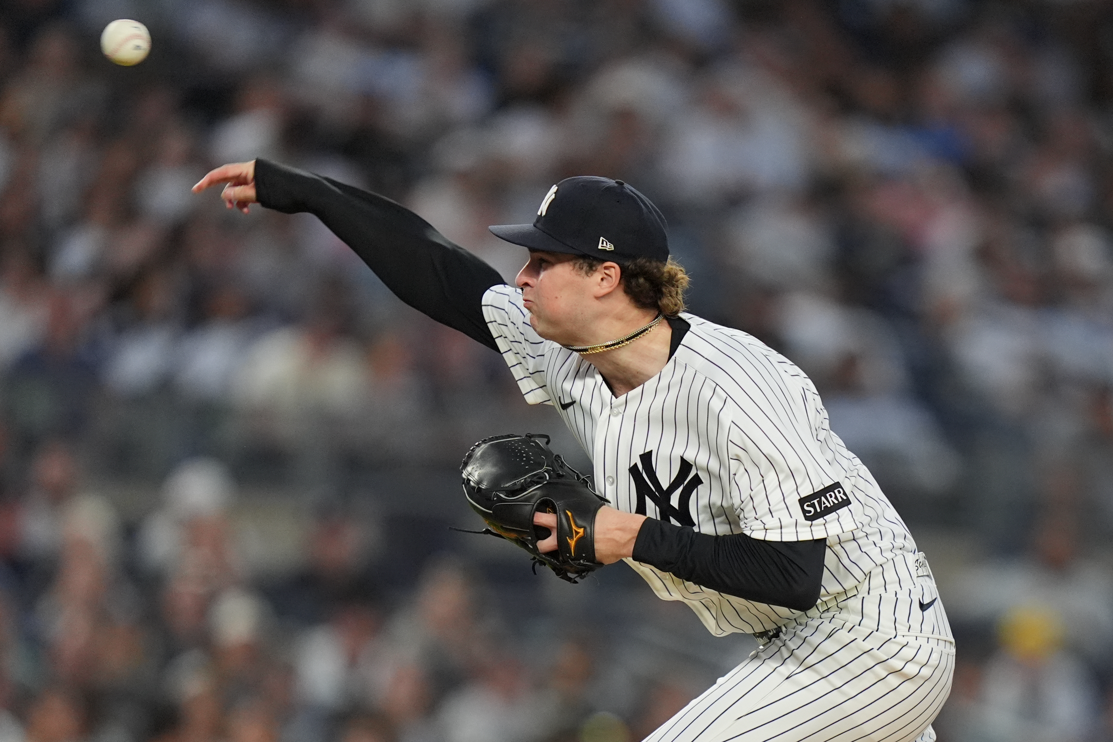 New York Yankees' Cam Schlittler pitches during the third inning of a baseball game against the Kansas City Royals Friday, April 17, 2026, in New York. 