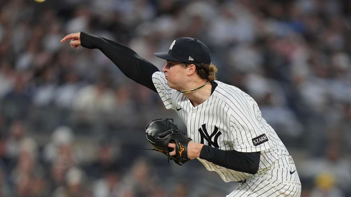 New York Yankees' Cam Schlittler pitches during the third inning of a baseball game against the Kansas City Royals Friday, April 17, 2026, in New York.