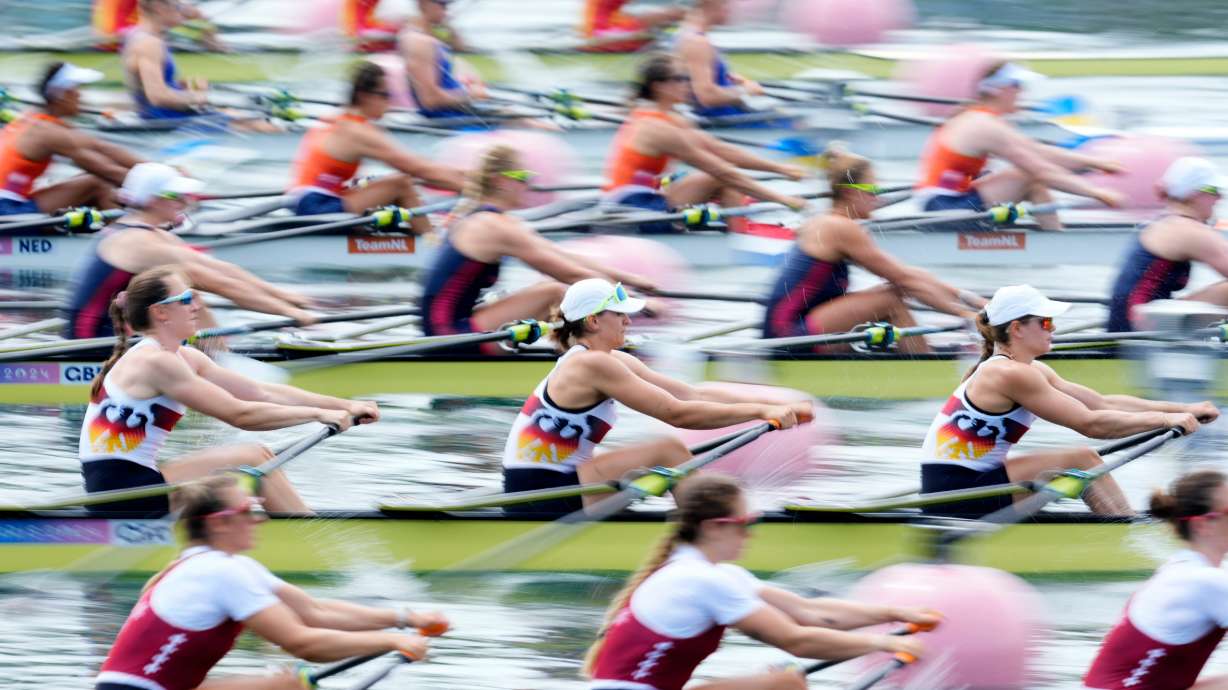 Team Germany, second from bottom, competes in the women's quadruple sculls rowing final at the 2024 Summer Olympics, July 31, 2024, in Vaires-sur-Marne, France.