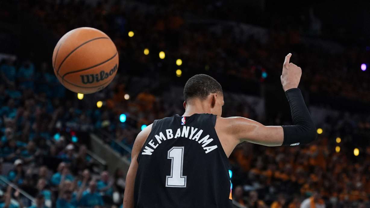 San Antonio Spurs forward Victor Wembanyama (1) celebrates a score against the Portland Trail Blazers during the second half in Game 1 of a first-round NBA playoffs basketball series in San Antonio, Sunday, April 19, 2026.