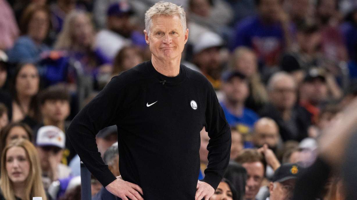 Golden State Warriors head coach Steve Kerr is seen during the second half of his NBA play-in tournament game against the Phoenix Suns at Mortgage Matchup Center in Phoenix, Ariz., Friday, April 17, 2026.