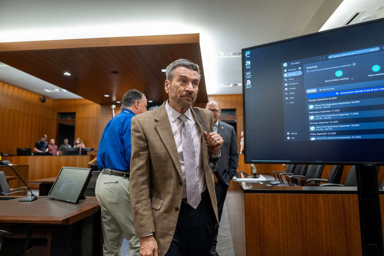 Defense attorney Greg Skordas exits the courtroom after appearing on behalf of Utah County, requesting that the judge assign counsel to Tyler Robinson, the suspect in the shooting death of Charlie Kirk, Sept. 16, in Provo. Skordas originally studied mining and patent law before entering the criminal defense field.