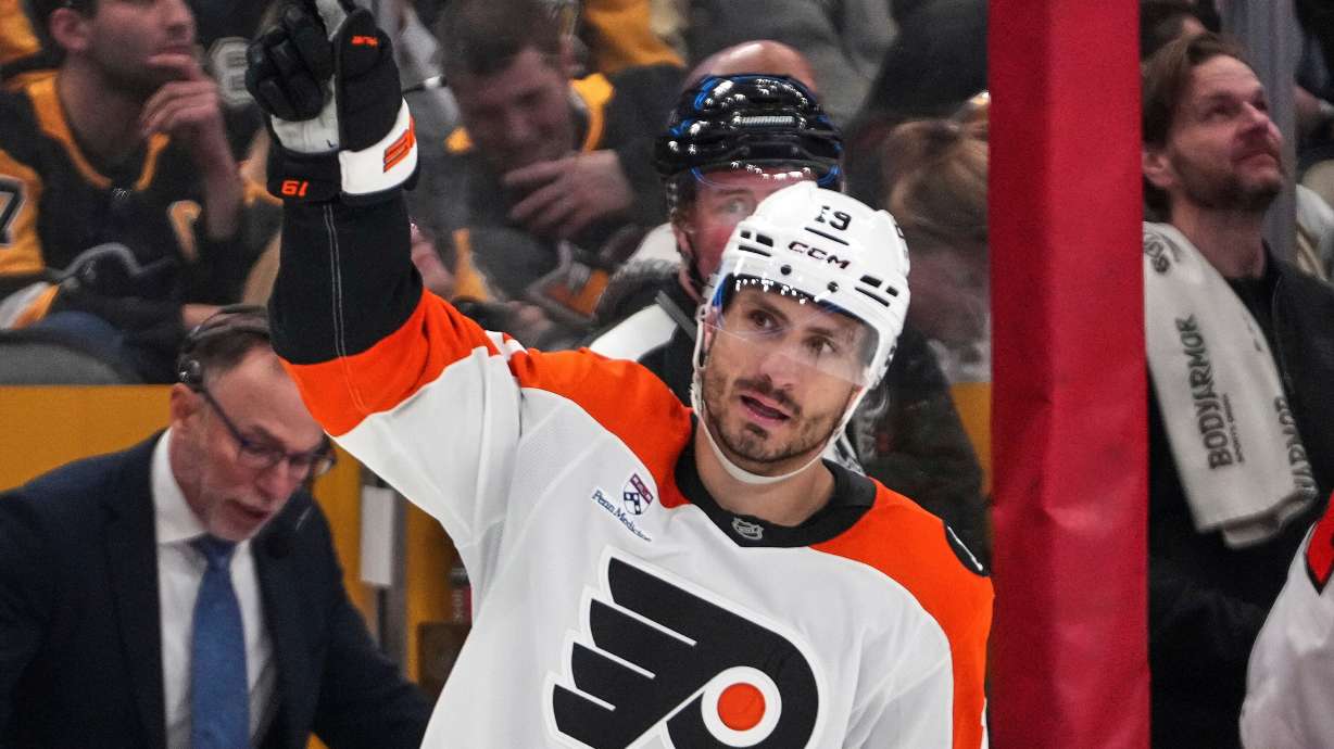 Philadelphia Flyers' Garnet Hathaway celebrates after scoring during the second period of Game 2 in the first round of the NHL Stanley Cup playoffs against the Pittsburgh Penguins in Pittsburgh, Monday, April 20, 2026.