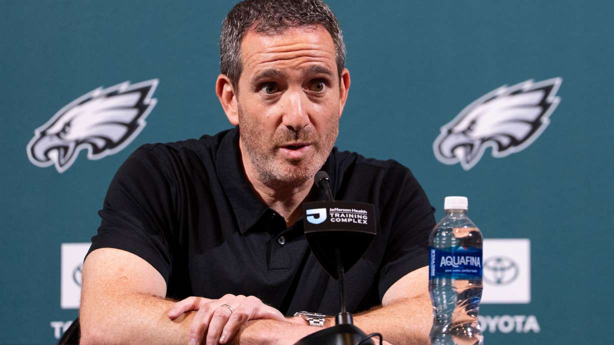 Philadelphia Eagles executive vice president and general manager Howie Roseman speaks with the media during a news conference at the NFL football team's training facility, Tuesday, April 14, 2026, in Philadelphia.