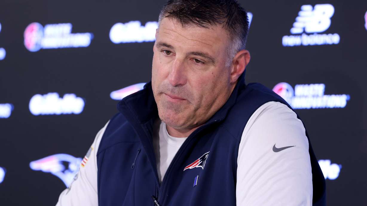 New England Patriots head coach Mike Vrabel speaks during an NFL football press conference, Tuesday, April 21, 2026, in Foxborough, Mass.