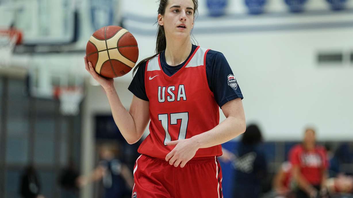 FILE - Caitlin Clark (17) takes part in drills during a training camp for the U.S women's national basketball team Dec. 12, 2025, in Durham, N.C.