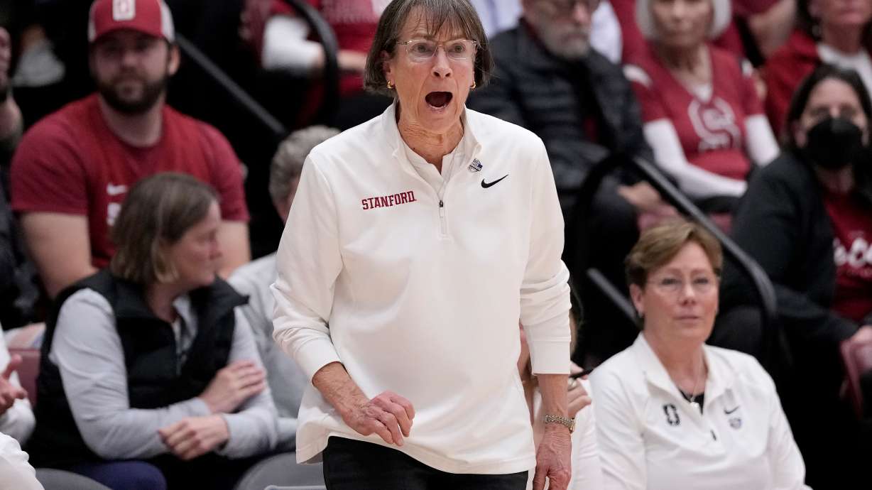 FILE - Stanford head coach Tara VanDerveer reacts during the first half of the team's second-round college basketball game in the women's NCAA Tournament against Iowa State in Stanford, Calif., March 24, 2024.