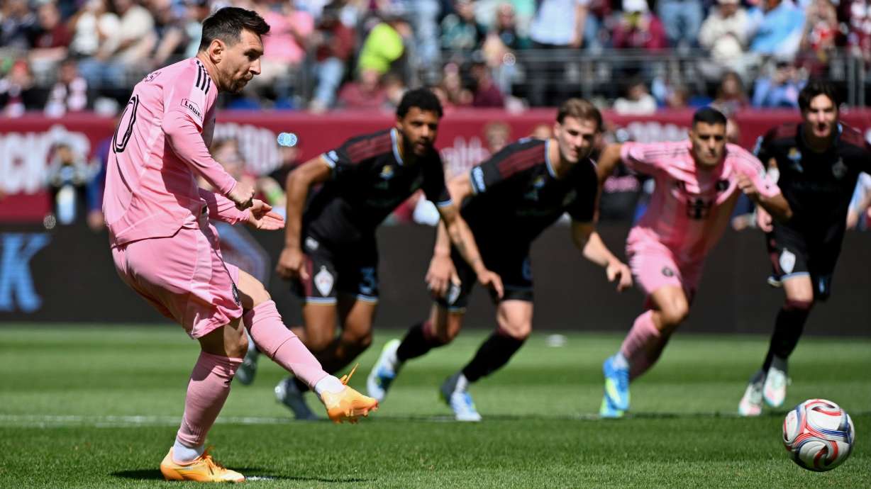 Argentine soccer superstar Lionel Messi is in Utah for Wednesday's game between his team, Inter Miami, and Real Salt Lake. He's pictured at left in a game on Saturday in Denver against the Colorado Rapids.