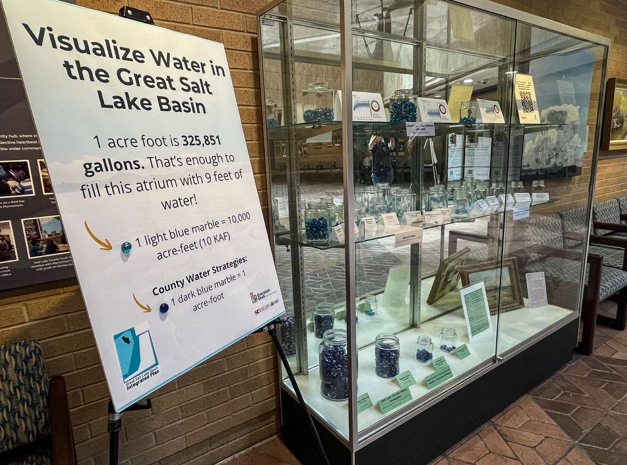 "Visualize Water in the Great Salt Lake Basin" is pictured inside the Salt Lake County Government Center in Salt Lake City on Tuesday. The new display that helps visualize Great Salt Lake water issues.