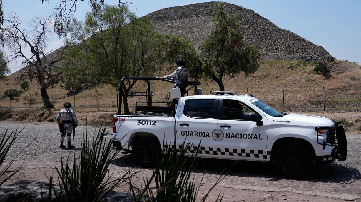 National Guard troops patrol the Teotihuacan pyramids, which remained closed a day after a gunman opened fire on tourists at the archaeological site outside Mexico City, Tuesday, April 21, 2026.