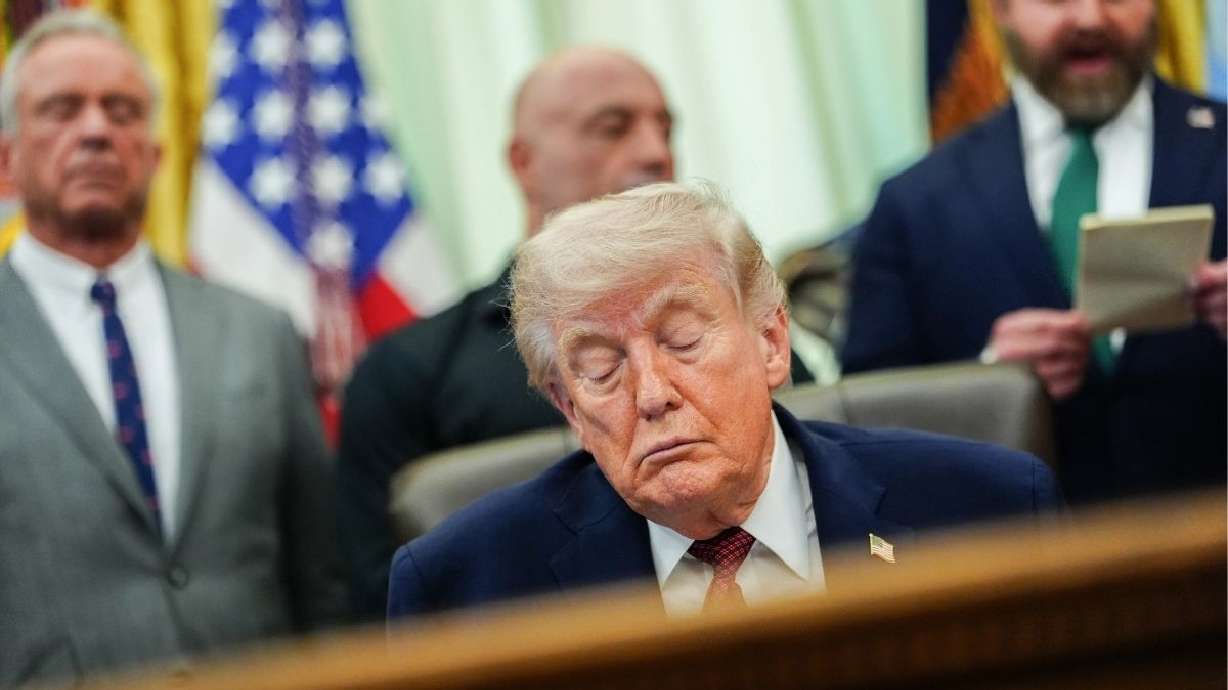 President Donald Trump closes his eyes while listening in the Oval Office of the White House, April 18, in Washington. New polling shows Trump's approval ratings are falling in Utah, driven by flagging support among Republicans and religious voters.