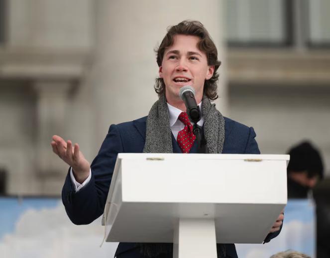 Kai Schwemmer, a BYU student, speaks during a March for Life event at the Capitol in Salt Lake City, on Jan. 24.