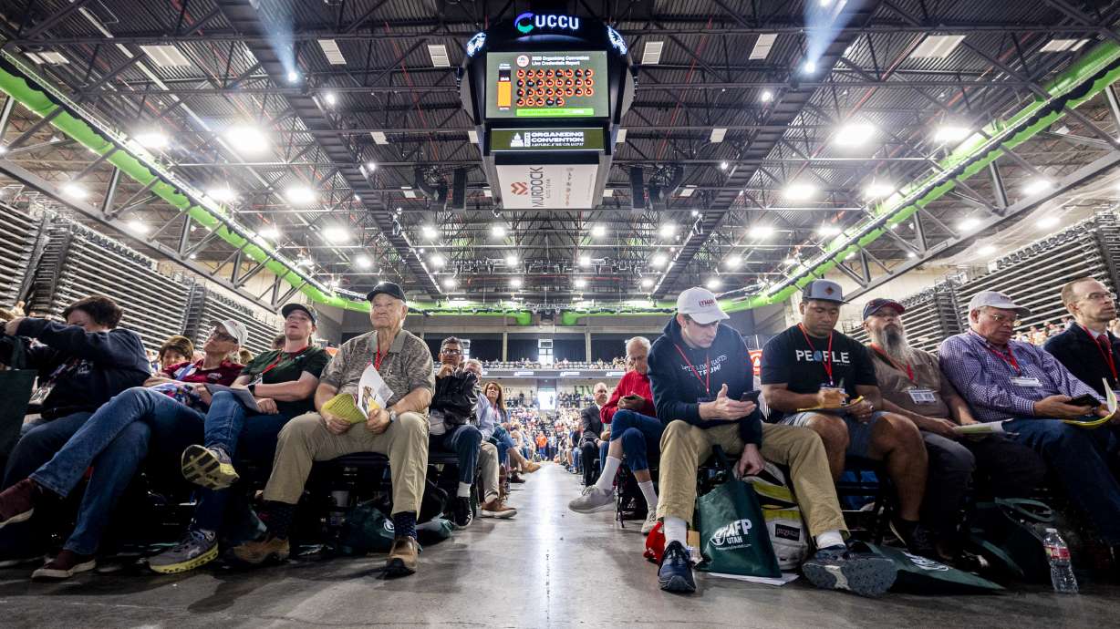 State delegates listen during the Utah Republican Party’s state organizing convention held at the UCCU Center in Orem on May 17, 2025. Both GOP and Democratic nominating conventions will be held Saturday.