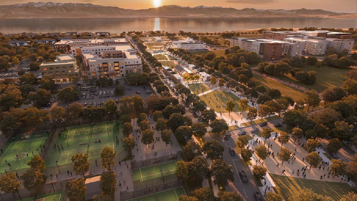 A rendering of the Greenline in Utah City, a 12-acre series of parks and public spaces that connect the Vineyard FrontRunner Station to the Utah Lake shore.
