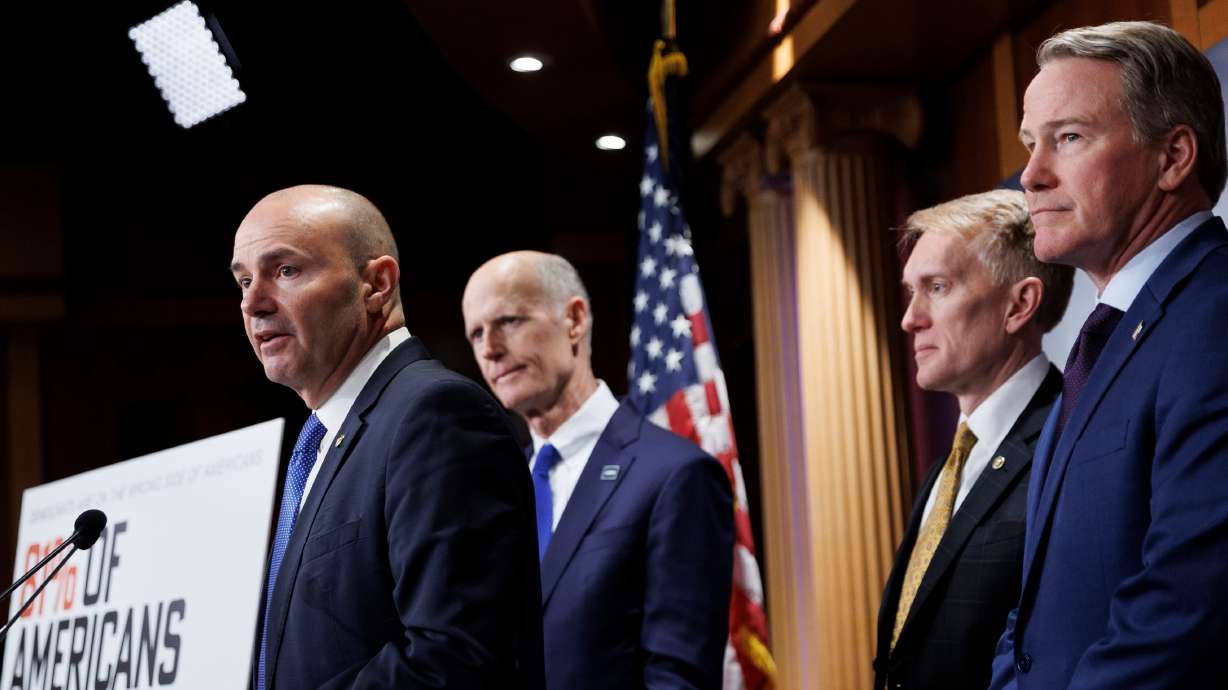 Sens. Mike Lee, R-Utah, Rick Scott, R-Fla., James Lankford, R-Okla., and Jon Husted, R-Ohio, during a news conference on the SAVE Act on March 19 in Washington. Lee vowed to revive the act after the Senate pivoted away from it on Wednesday.