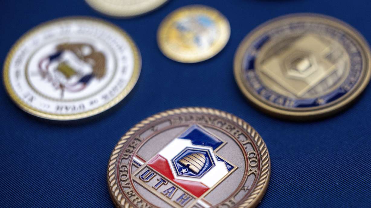 Coins included in Utah’s contribution to “America’s Time Capsule” at the Capitol in Salt Lake City on Wednesday. The items will be sent to the East Coast for burial at Independence National Historical Park in Philadelphia on July 4.