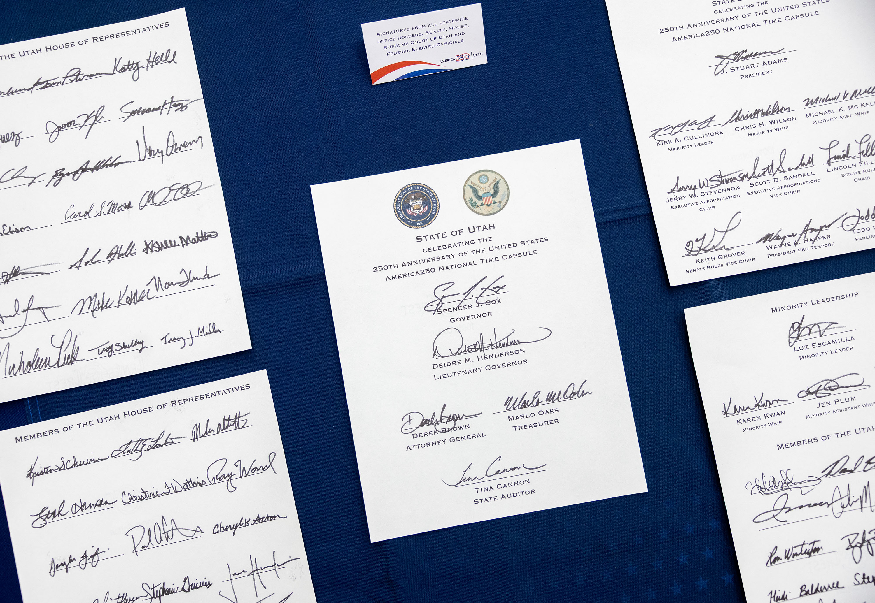 Signatures from statewide officeholders that will be included in Utah’s contribution to “America’s Time Capsule” are seen at the Capitol in Salt Lake City on Wednesday. The items will be sent to the East Coast to be buried at Independence National Historical Park in Philadelphia on July 4.
