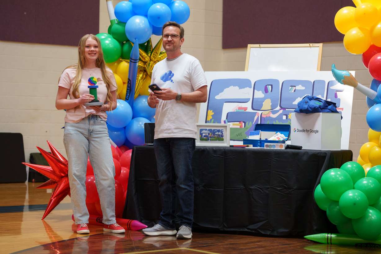 Blanding teen Olive Harris is recognized by Google at Albert R. Lyman Middle School as a Top 5 finalist in the Doodle for Google art competition on April 15.