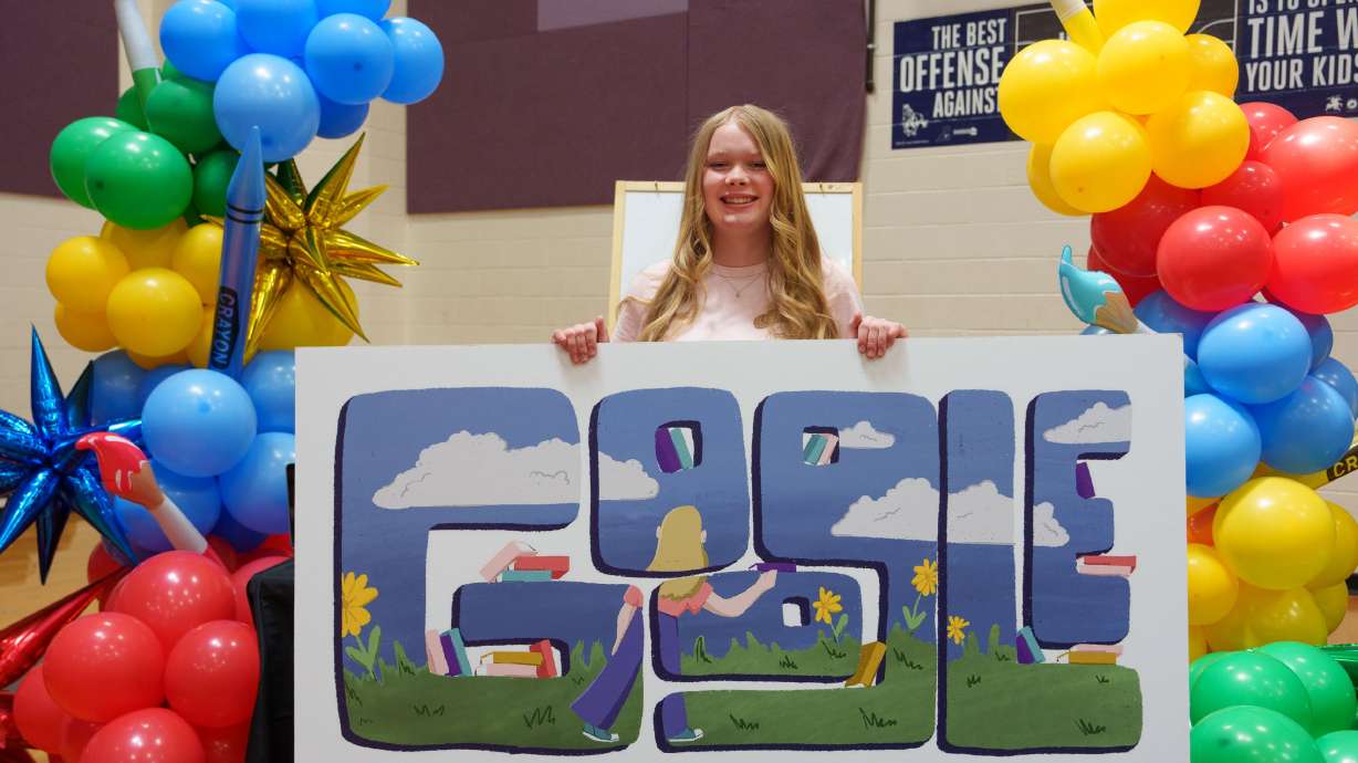 Blanding teen Olive Harris was recognized by Google at Albert R. Lyman Middle School for being a top-five finalist in the Doodle for Google art competition on April 15.