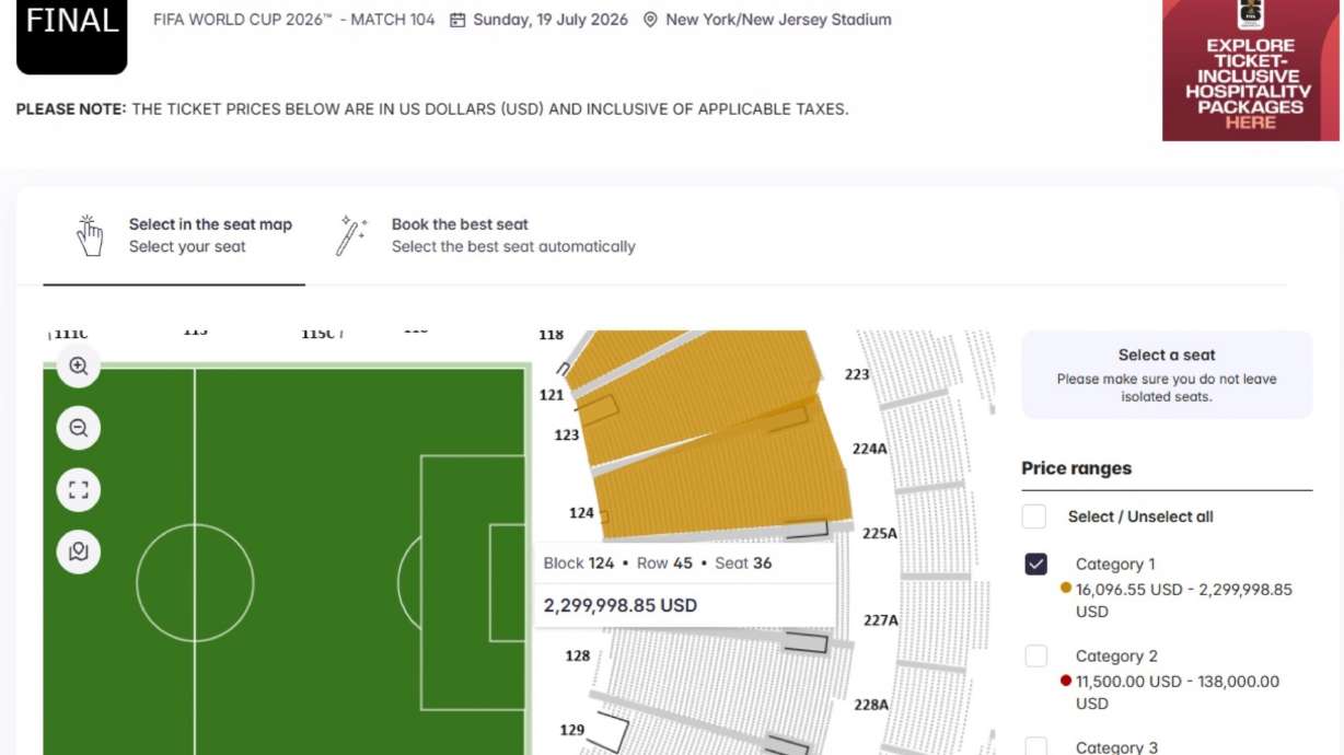 This image from the FIFA Resale/Exchange Marketplace website, Thursday, April 23, 2026, shows the resale asking price for a ticket to the World Cup final soccer match on Sunday, July 26, 2026.