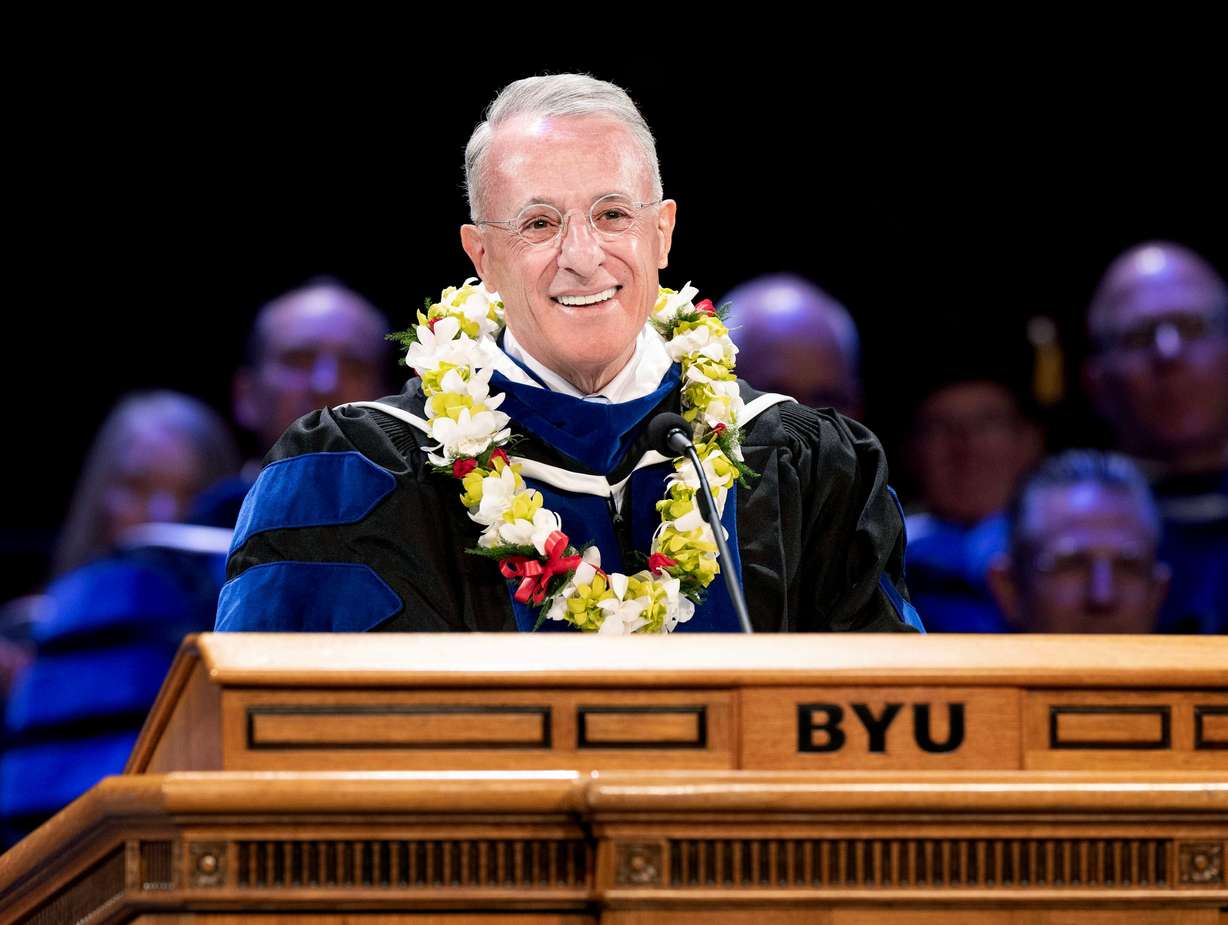 Elder Ulisses Soares of the Quorum of the Twelve Apostles of The Church of Jesus Christ of Latter-day Saints speaks at BYU commencement in Provo on Thursday. Elder Soares called graduates a "living extension" of the university.