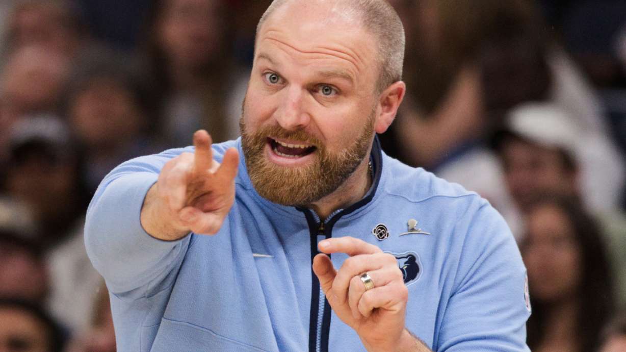 FILE - Memphis Grizzlies head coach Taylor Jenkins instructs his team in the second half of an NBA basketball game against the Philadelphia 76ers Saturday, April 6, 2024, in Memphis, Tenn.