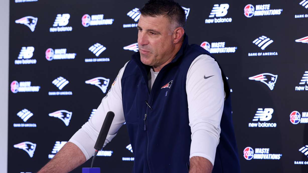 New England Patriots head coach Mike Vrabel speaks during an NFL football press conference, Tuesday, April 21, 2026, in Foxborough, Mass.