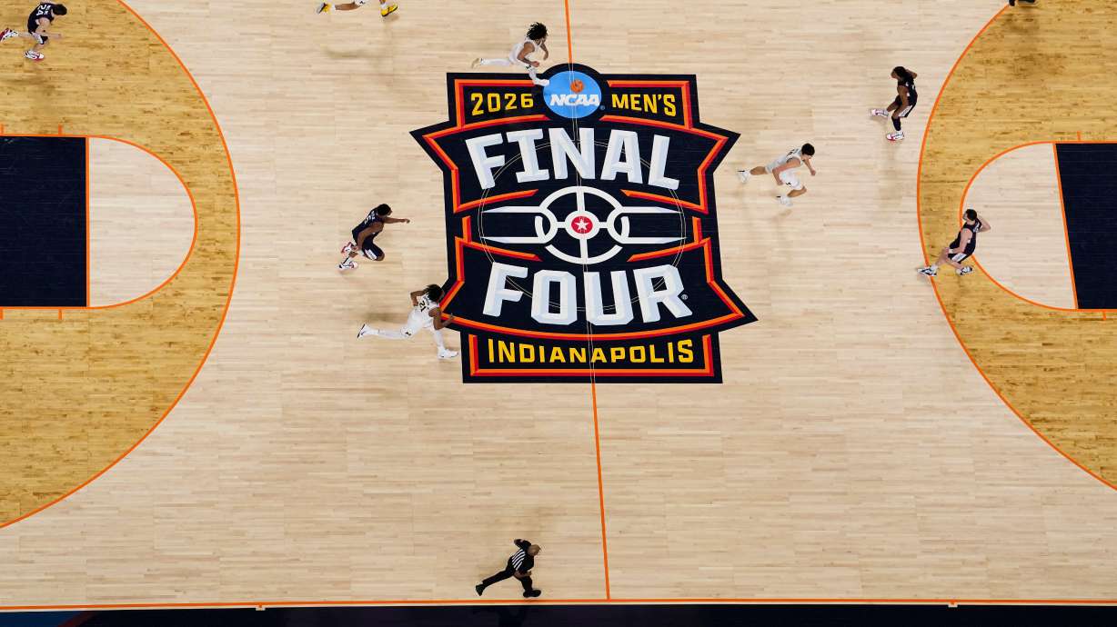UConn and Michigan compete during the second half of the NCAA college basketball tournament national championship game at the Final Four, Monday, April 6, 2026, in Indianapolis.