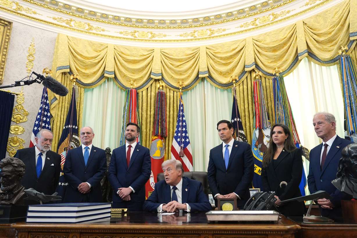 U.S. Ambassador to Israel Mike Huckabee, Israeli Ambassador to the U.S. Yechiel Leiter, Vice President JD Vance, Secretary of State Marco Rubio, Lebanese Ambassador to the U.S. Nada Hamadeh Moawad, U.S. Ambassador to Lebanon Michel Issa, with President Donald Trump in the Oval Office at the White House, Thursday, in Washington. Trump announced an extension of the ceasefire in Lebanon.