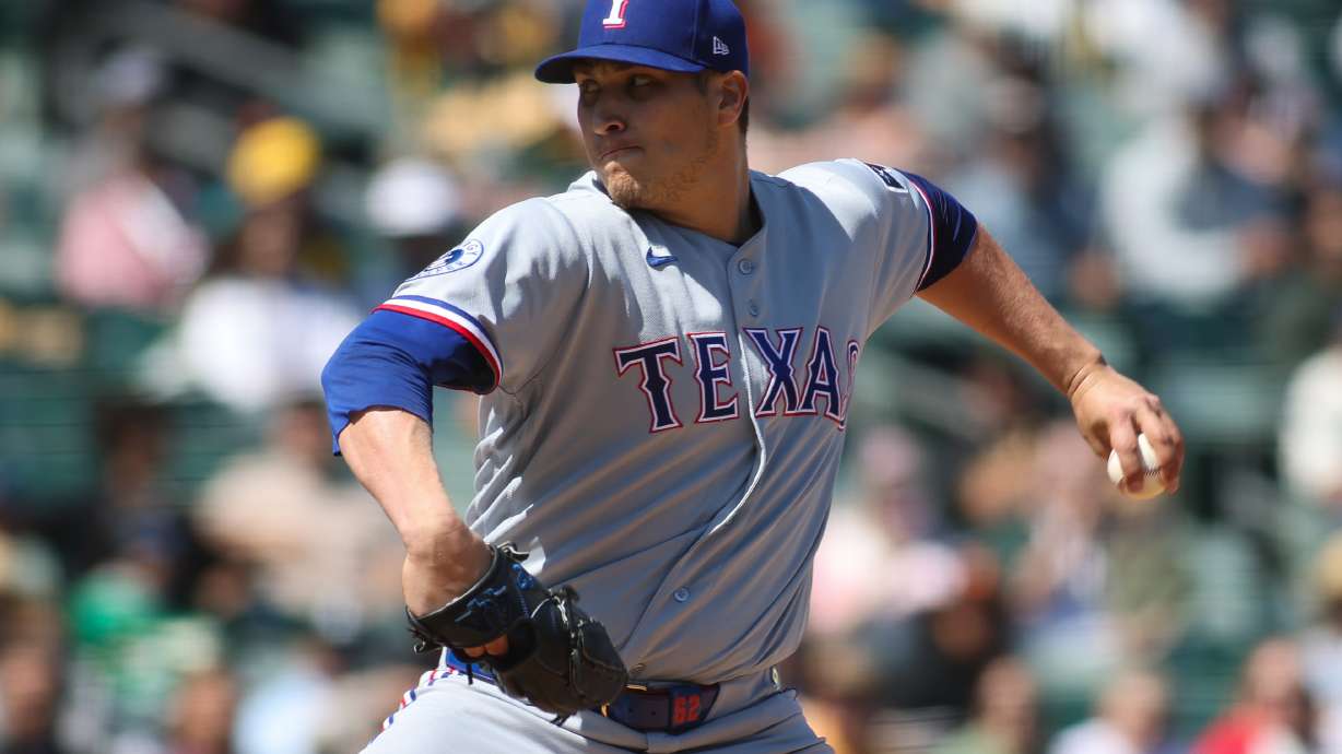 Texas Rangers pitcher Robert Garcia throws to an Athletics batter during the sixth inning of a baseball game Thursday, April 16, 2026, in West Sacramento, Calif.