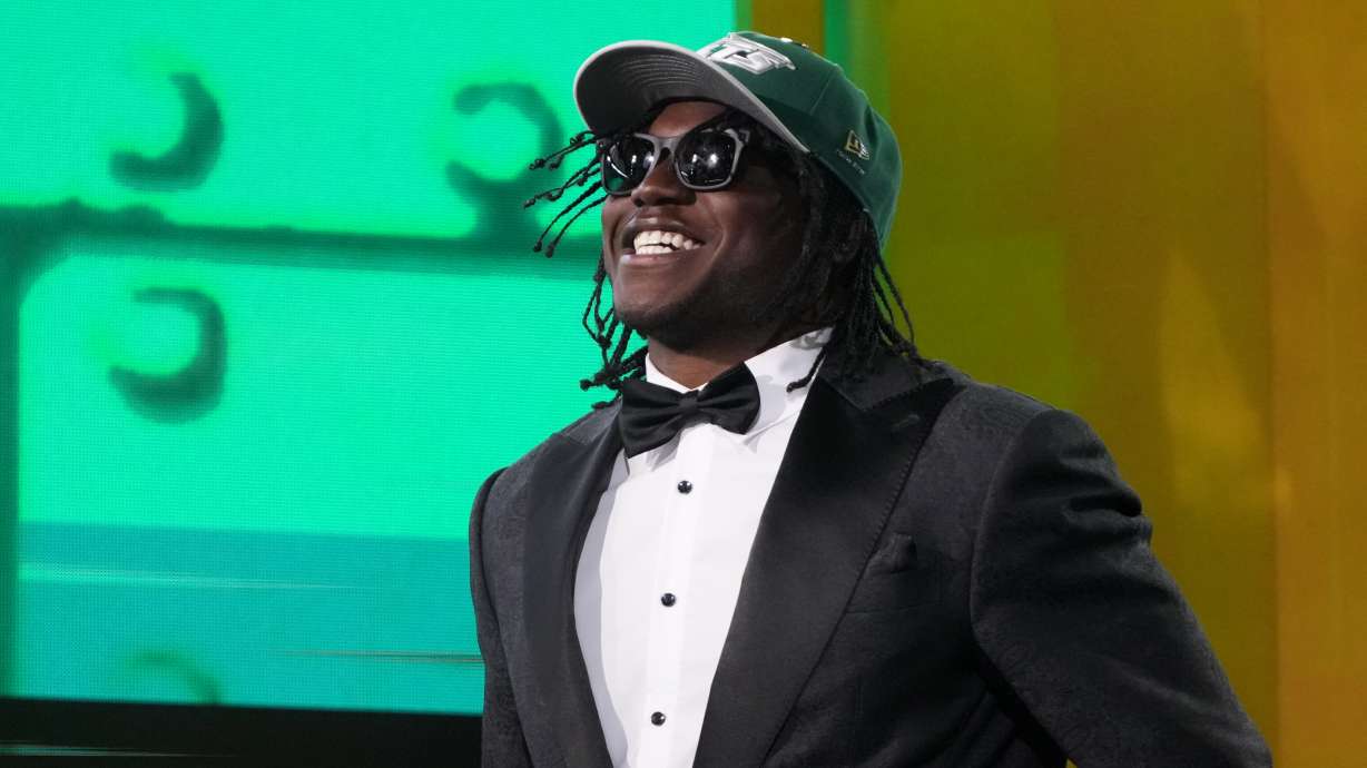 Texas Tech linebacker David Bailey celebrates after being chosen by the New York Jets with the second overall pick during the first round of the NFL football draft, Thursday, April 23, 2026, in Pittsburgh.