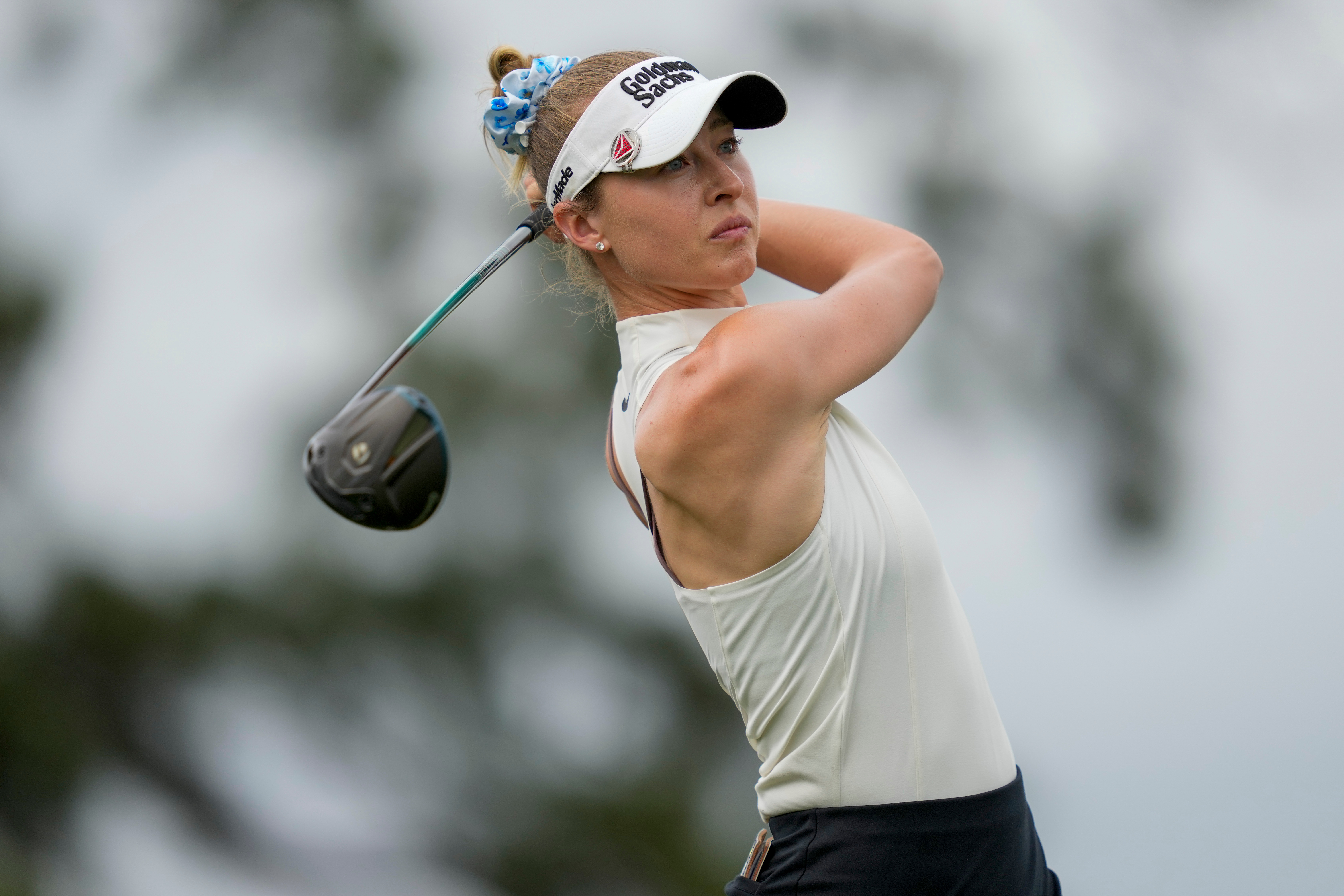 Nelly Korda hits from the fourth tee during the first round of the Chevron Championship LPGA golf tournament Thursday, April 23, 2026, in Houston. 