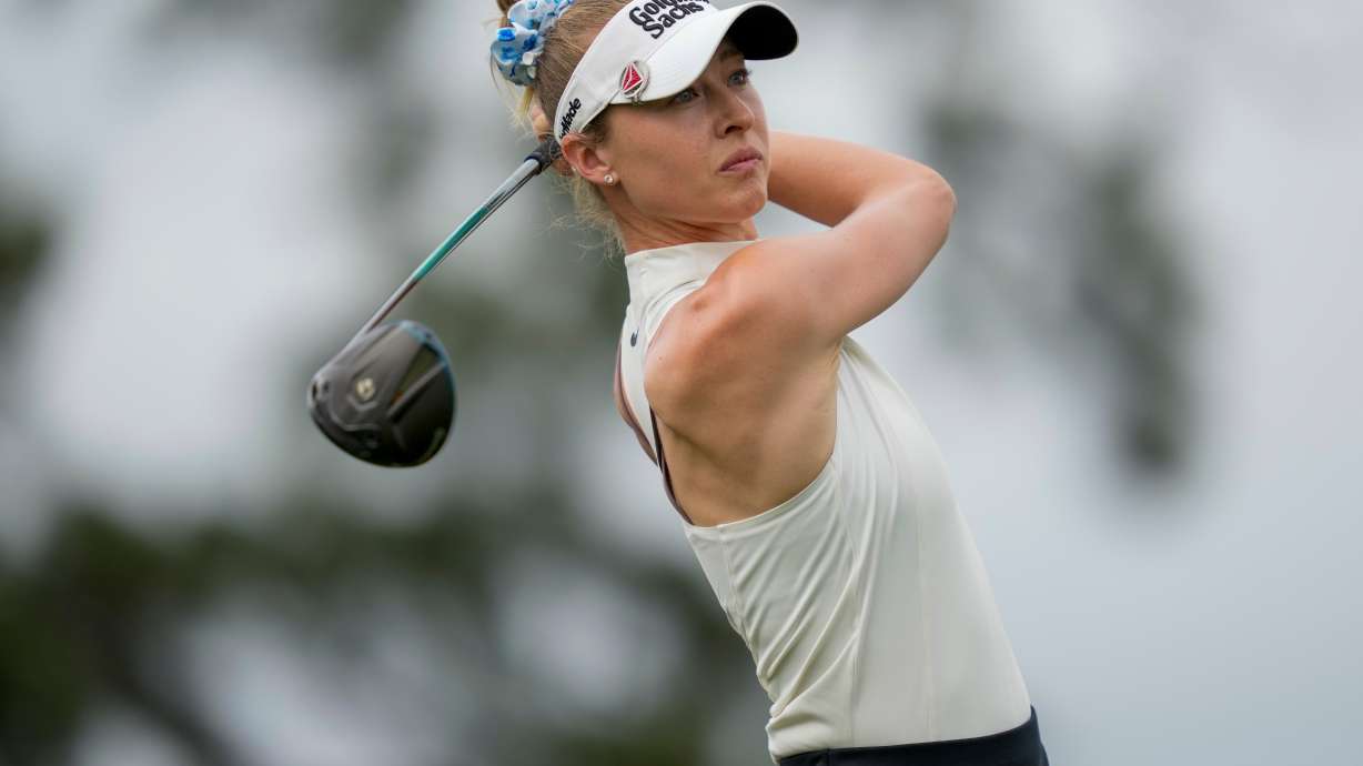 Nelly Korda hits from the fourth tee during the first round of the Chevron Championship LPGA golf tournament Thursday, April 23, 2026, in Houston.