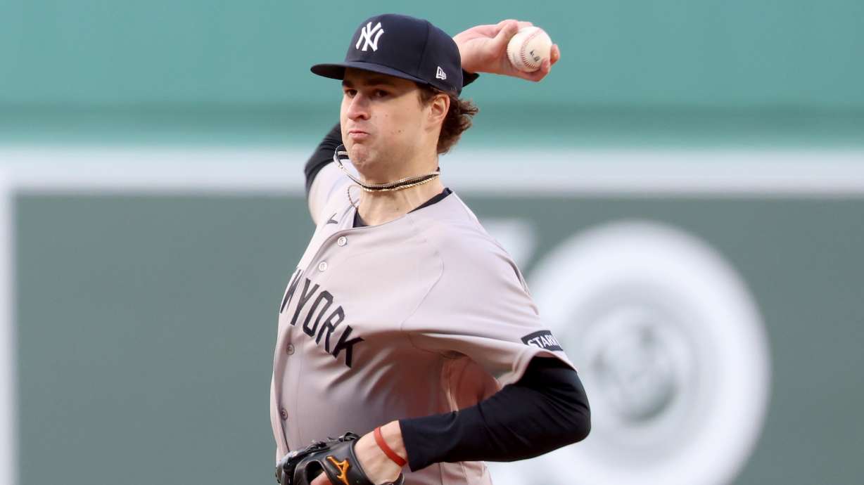 New York Yankees pitcher Cam Schlittler throws during the first inning of a baseball game against the Boston Red Sox, Thursday, April 23, 2026, in Boston.