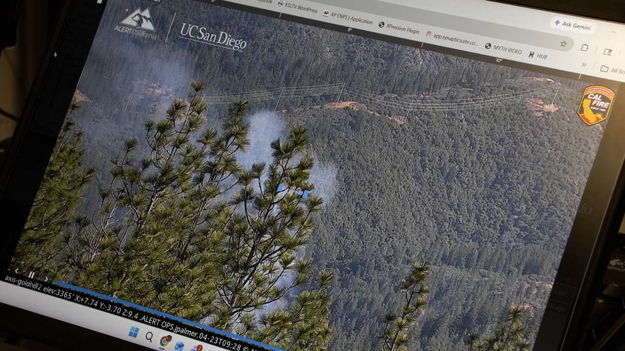 Smoke detected on an AlertWest wildfire camera, Thursday. A $1 million grant will fund 19 such cameras to monitor potential wildfire starts in remote areas of Utah.