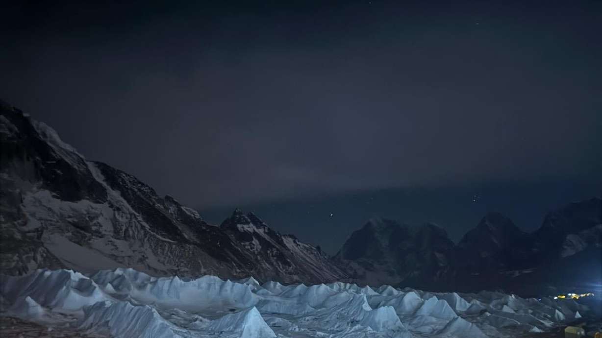 Tents at Everest Base Camp at night, as climbers wait for the Khumbu Icefall to open.
