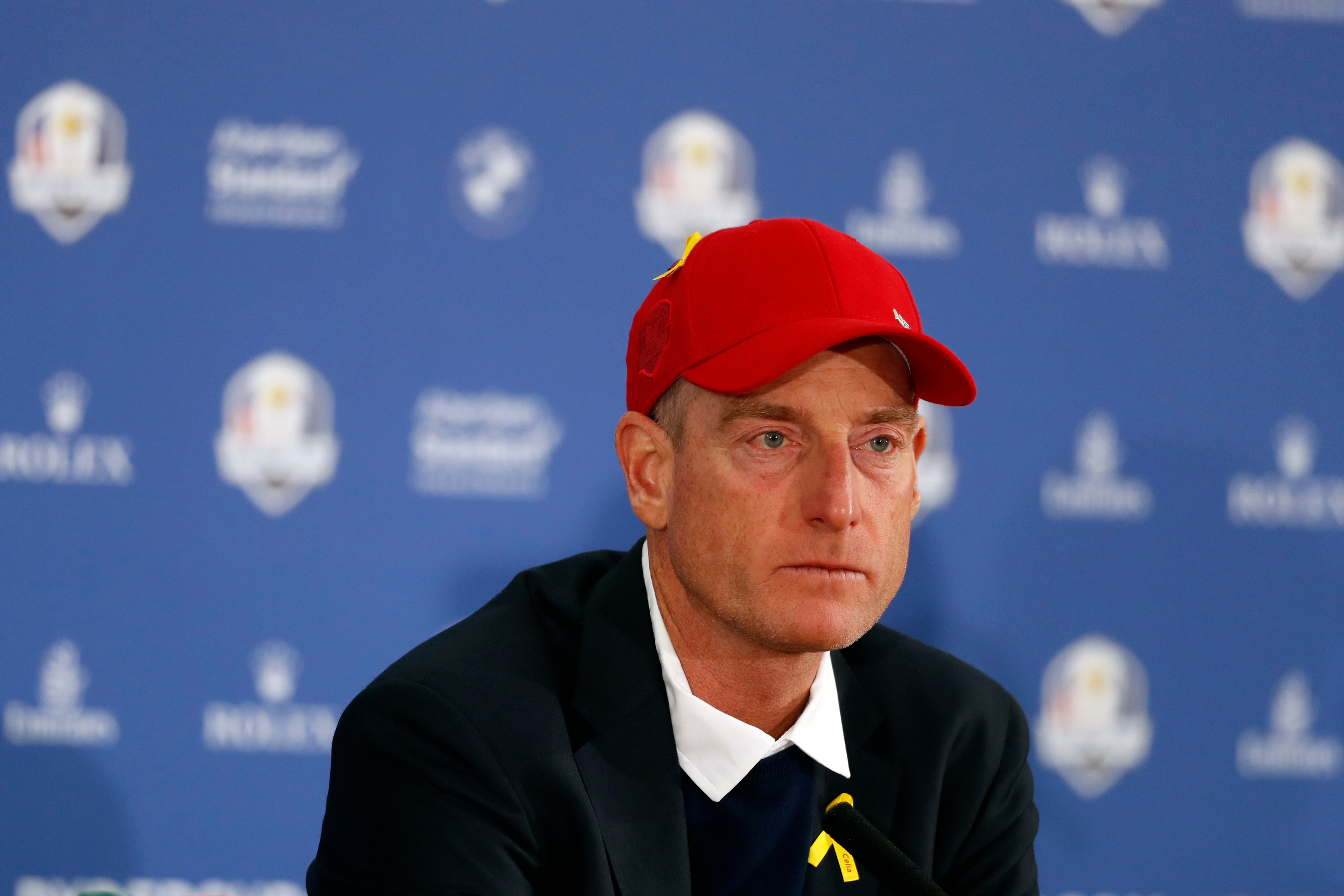 FILE - US team captain Jim Furyk attends the press conference of the losing team after Europe won the 2018 Ryder Cup golf tournament at Le Golf National in Saint Quentin-en-Yvelines, outside Paris, France, Sunday, Sept. 30, 2018. 