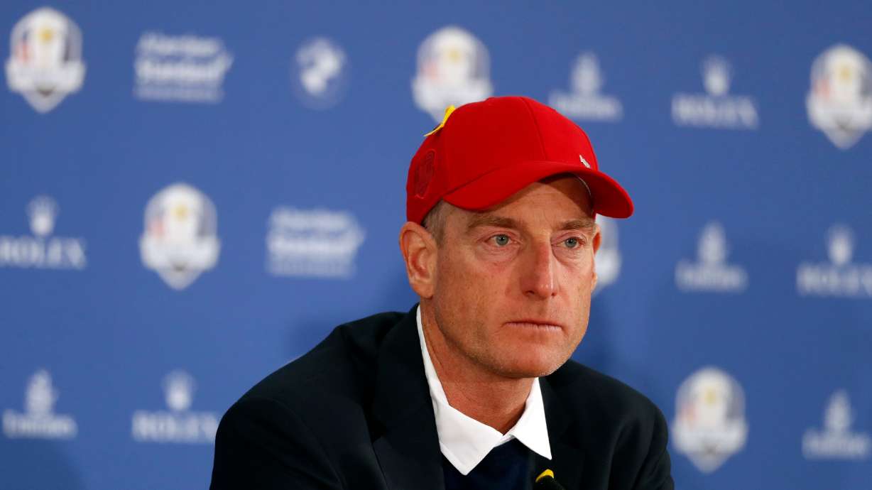 FILE - US team captain Jim Furyk attends the press conference of the losing team after Europe won the 2018 Ryder Cup golf tournament at Le Golf National in Saint Quentin-en-Yvelines, outside Paris, France, Sunday, Sept. 30, 2018.