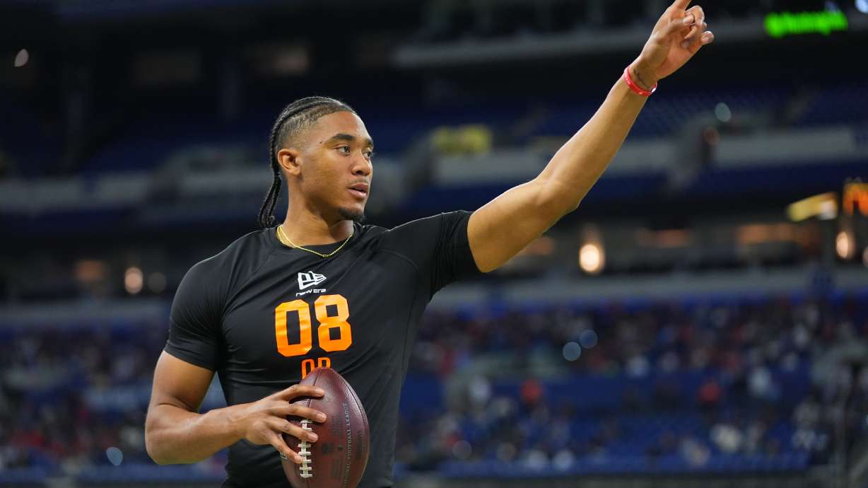 FILE - Arkansas quarterback Taylen Green (08) runs a drill at the NFL football scouting combine in Indianapolis, Saturday, Feb. 28, 2026.