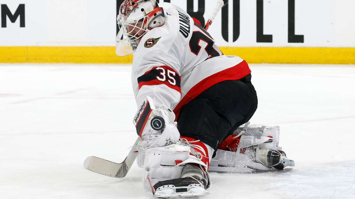 FILE - Ottawa Senators goaltender Linus Ullmark (35) blocks the penalty shot of Carolina Hurricanes' Jordan Martinook, not shown, during the first overtime of Game 2 of an NHL hockey Stanley Cup first-round playoff series in Raleigh, N.C., Monday, April 20, 2026.