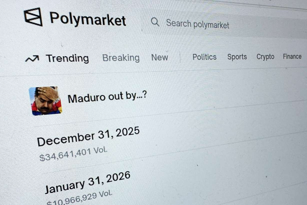 The Polymarket prediction market website on a computer screen, Jan. 11, in New York. Prediction markets are coming under scrutiny, especially after a U.S. soldier won $400,000 after betting on then-Venezuelan President Nicolas Maduro's removal from office.