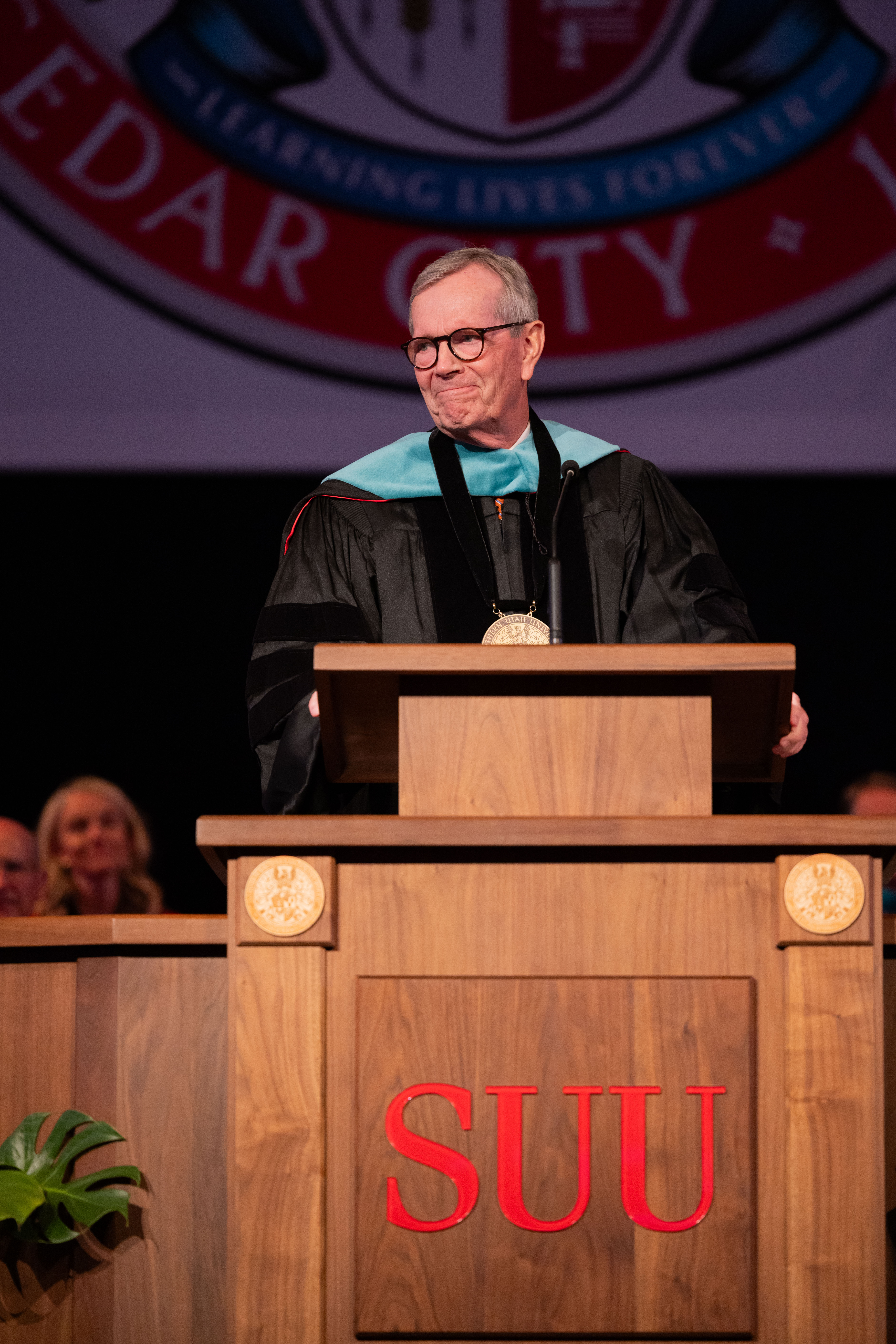 Former Utah Gov. Michael O. Leavitt gives the keynote address during Southern Utah University's 127th annual commencement ceremony on Thursday.