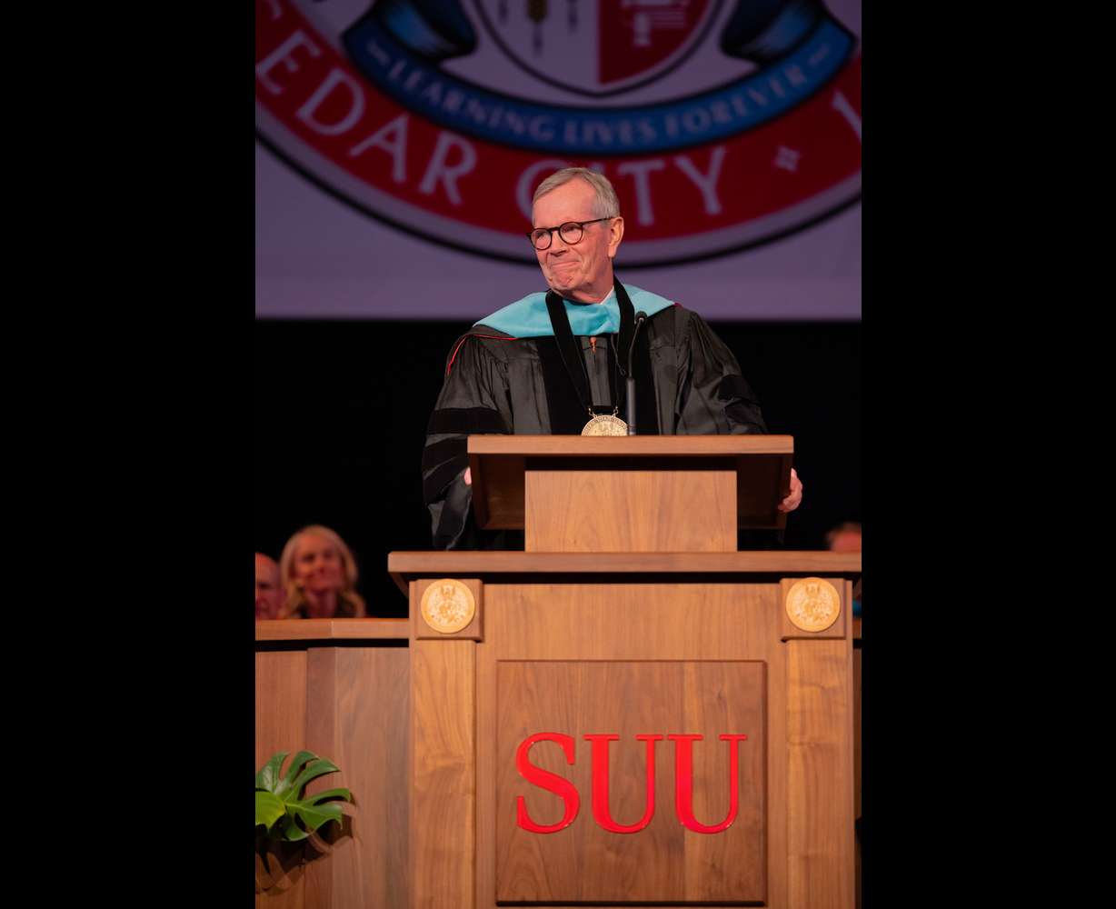 Former Utah Gov. Michael O. Leavitt gives the keynote address during Southern Utah University's 127th annual commencement ceremony on Thursday.