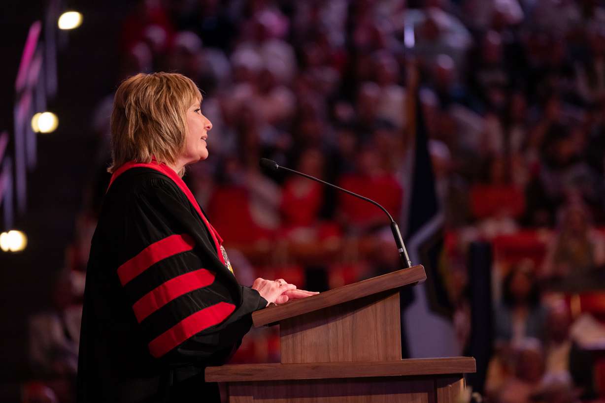 Southern Utah University President Mindy Benson addresses the crowd during SUU's 127th annual commencement ceremony on Thursday.