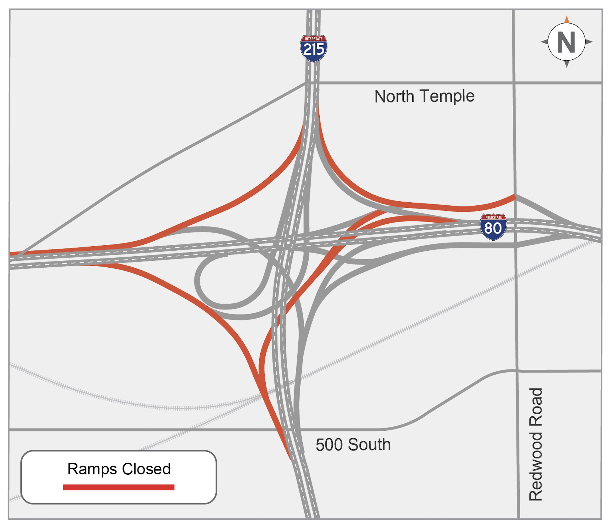 This map shows the new ramp closures between I-80 and I-215 that are projected to begin on Sunday. The closure is expected to last 45 days.