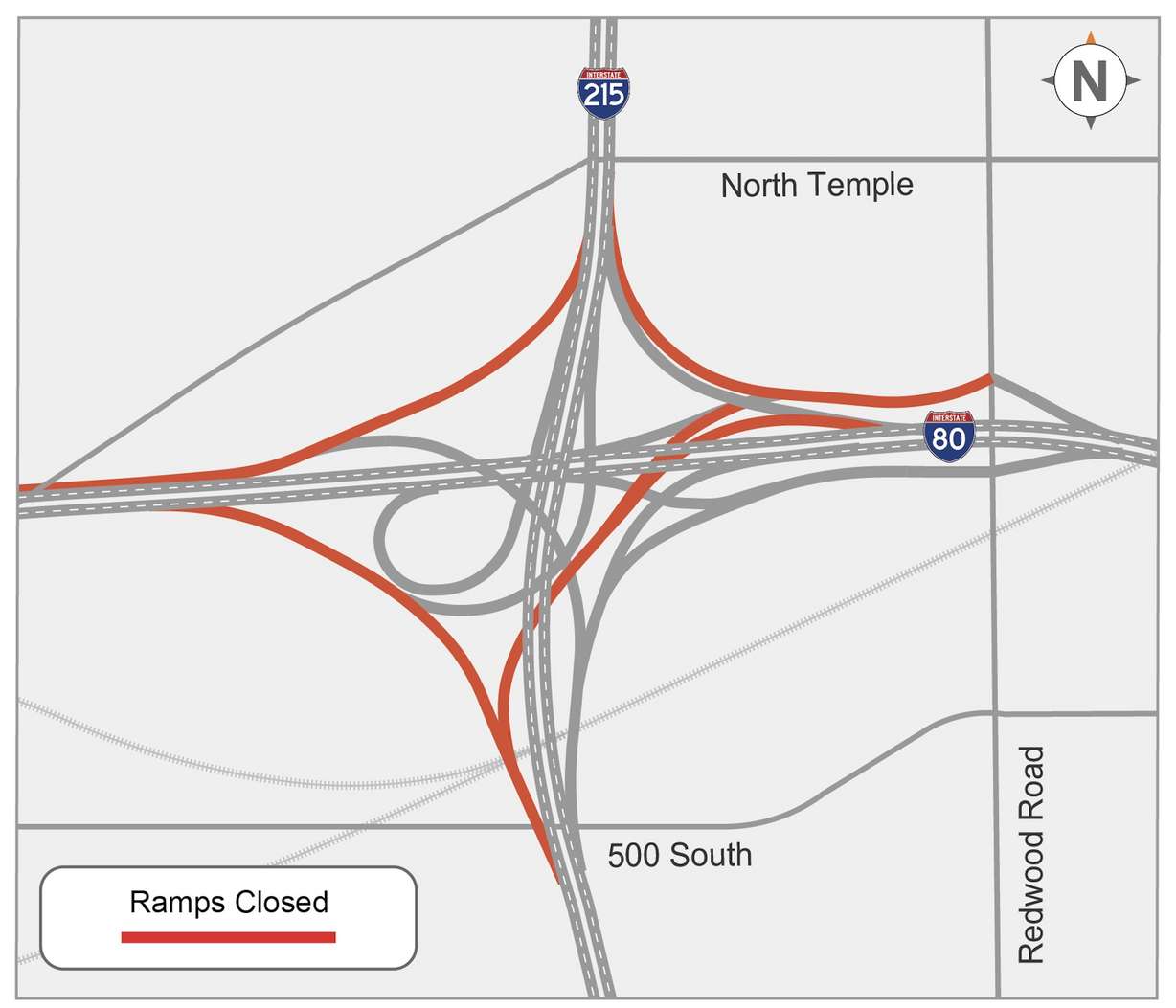 This map shows the new ramp closures between I-80 and I-215 that are projected to begin on Sunday. The closure is expected to last 45 days.