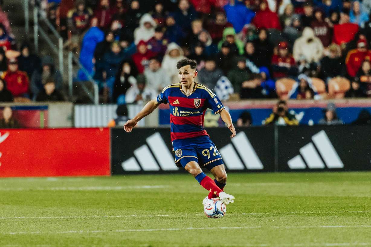 Real Salt Lake's Noel Caliskan dribbles the ball during an MLS match with Inter Miami CF, Wednesday, April 22, 2026 in Sandy, Utah.